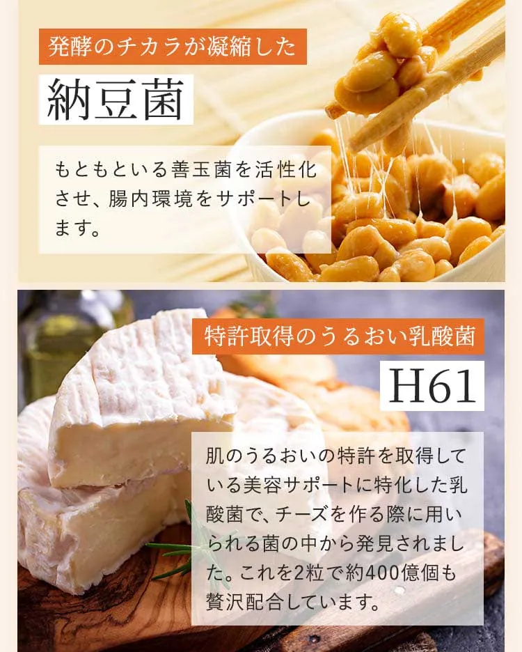 発酵のチカラが凝縮した納豆菌　もともといる善玉菌を活性化させ、腸内環境をサポートします。　特許取得のうるおい乳酸菌H61　肌のうるおいの特許を取得している美容サポートに特化した乳酸菌で、チーズを作る際に用いられる菌の中から発見されました。これを2粒で約400億個も贅沢配合しています。