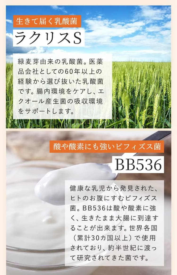 生きて届く乳酸菌ラクリスS　緑麦芽由来の乳酸菌。医薬品会社としての60年以上の経験から選び抜いた乳酸菌です。腸内環境をケアし、エクオール産生菌の吸収環境をサポートします。　酸や酸素にも強いビフィズス菌BB536　健康な乳児から発見された、ヒトのお腹にすむビフィズス菌。B8536は酸や酸素に強く、生きたまま大腸に到達することが出来ます。世界各国（累計30カ国以上）で使用されており、約半世紀に渡って研究されてきた菌です。