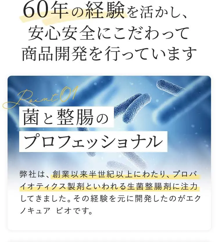 60年の経験を活かし、安心安全にこだわって商品開発を行っています Point01 菌と整腸のプロフェッショナル　弊社は、創業以来半世紀以上にわたり、プロバイオティクス製剤といわれる生菌整腸剤に注力してきました。その経験を元に開発したのがエクノキュアビオです。