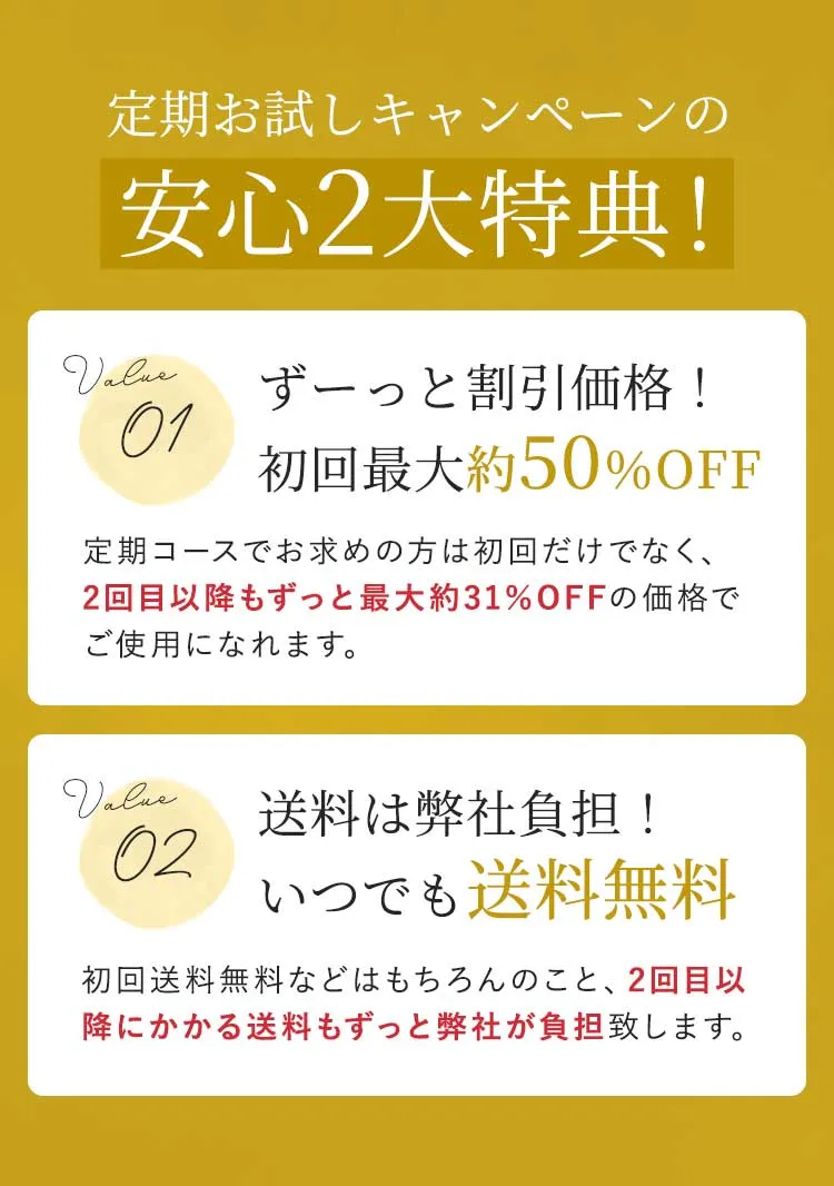 定期お試しキャンペーンの安心2大特典！ Value01 ずーっと割引価格！初回最大約50％OFF Value02 送料は弊社負担！いつでも送料無料