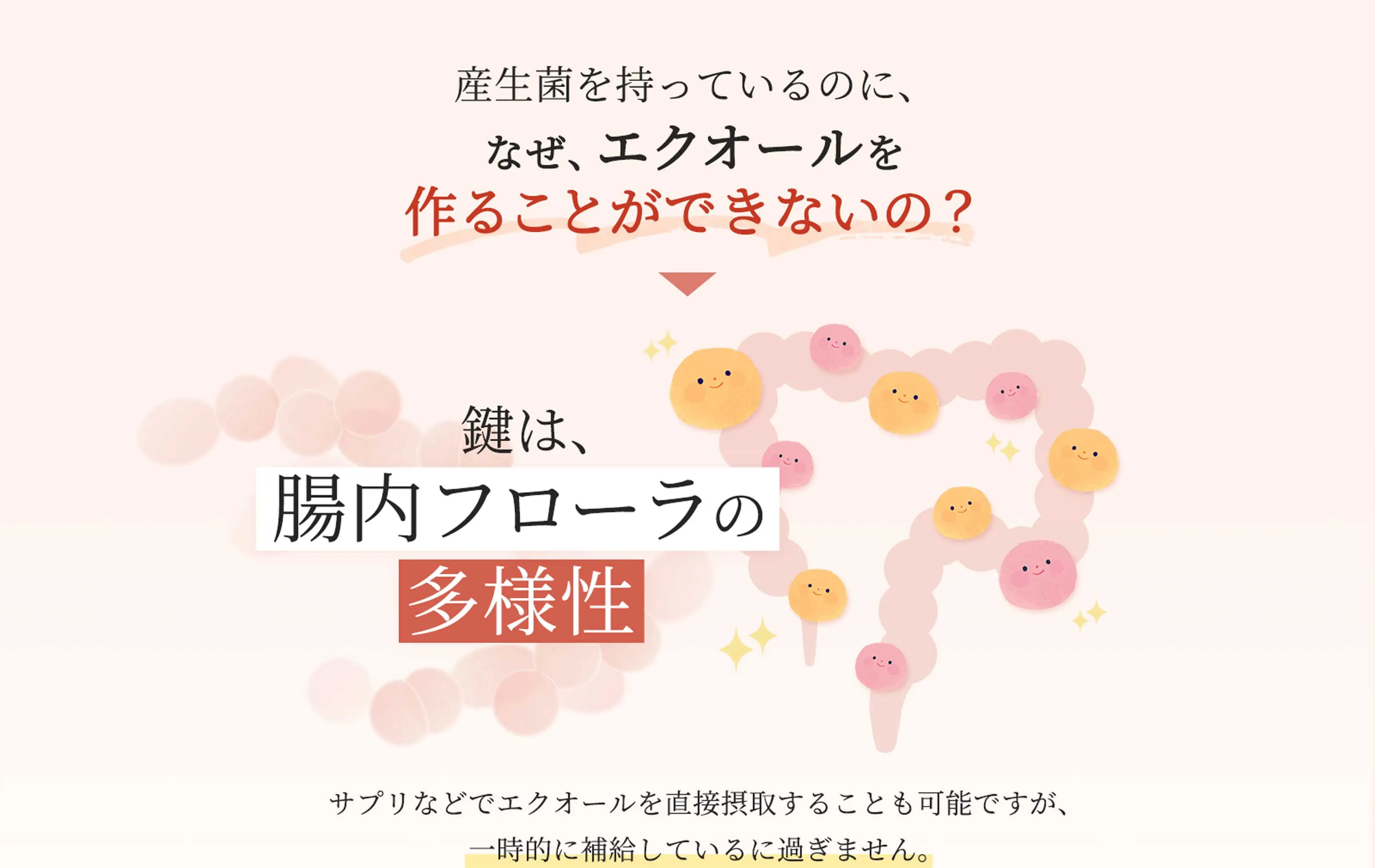 産生菌を持っているのに、なぜ、エクオールを作ることができないの？　鍵は腸内フローラの多様性　サプリなどでエクオールを直接摂取することも可能ですが、一時的に補給しているに過ぎません。