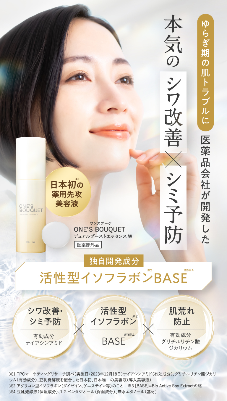 医薬品会社だからこそ辿り着いた本気のシワ改善×シミ予防　独自開発成分活性型イソフラボンBASE