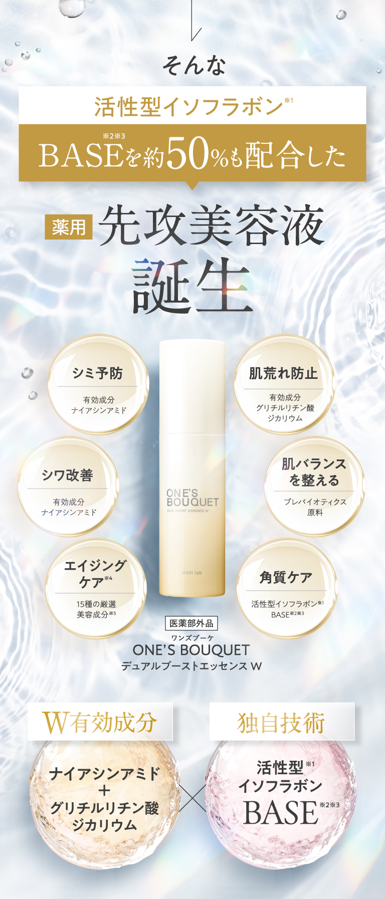 そんな活性型イソフラボンBASEを約50%も配合した 薬用先攻美容液誕生　医薬部外品 ONE’S BOUQUET デュアルブーストエッセンスW