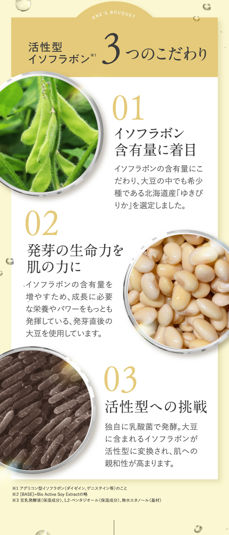 活性型イソフラボン 3つのこだわり 01 イソフラボン含有量に着目 02 発芽の生命力を肌の力に 03 活性型への挑戦